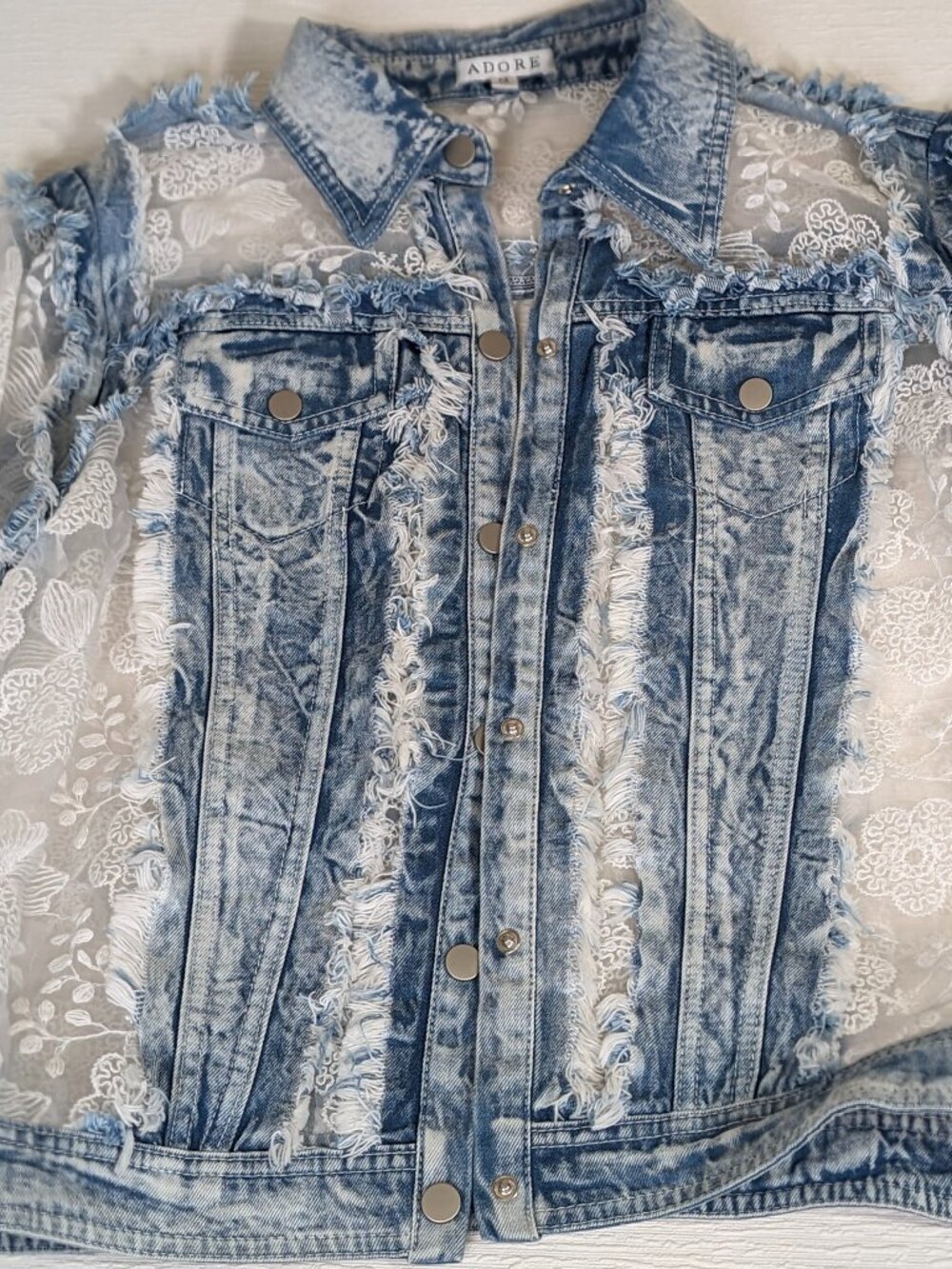 Adore Denim Jacket Sheer Floral Embroidered Mesh Distressed M